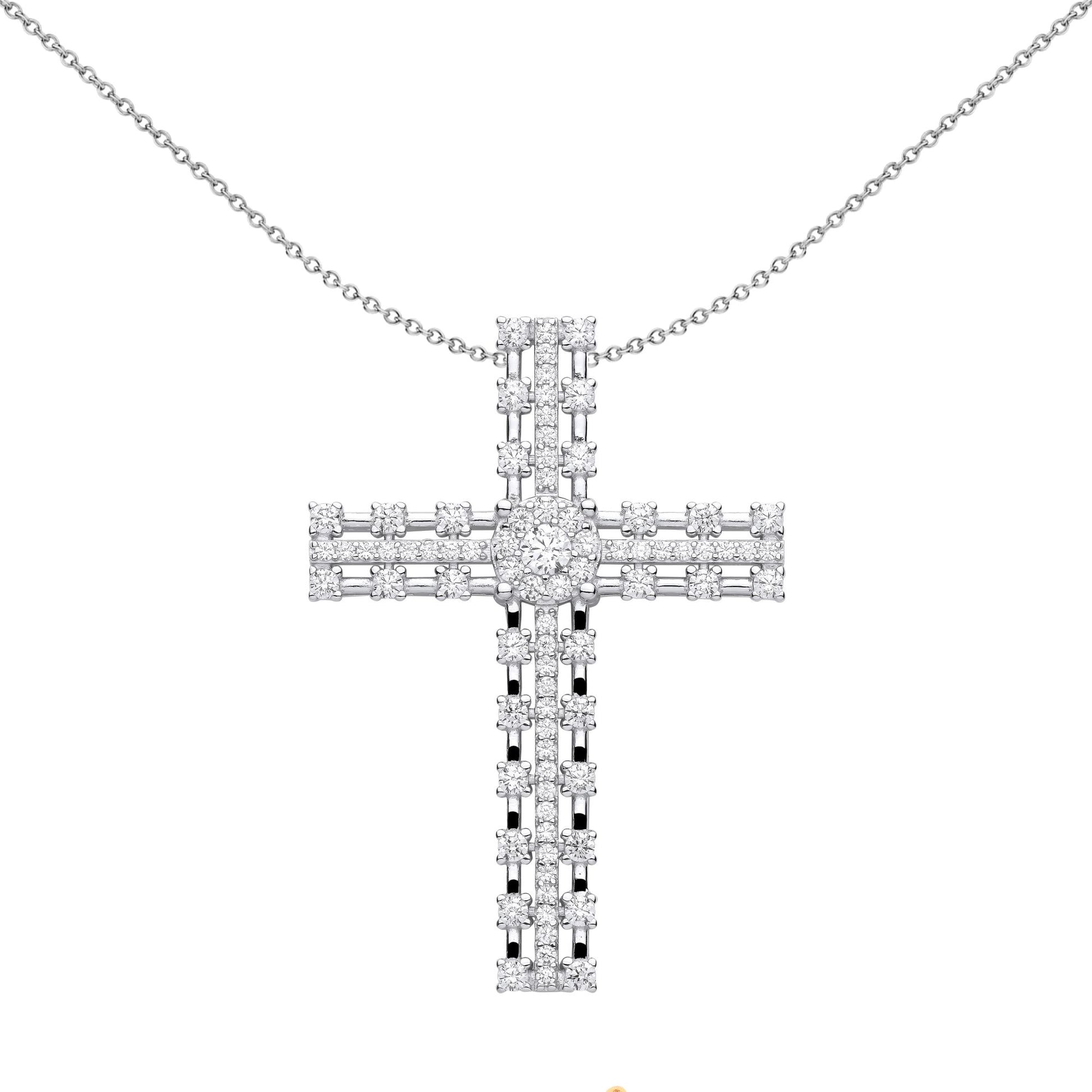 Unisex Silver  CZ Station Outline Eternity Cross Necklace 18" - GVX072