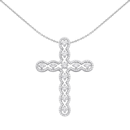 Unisex Silver  CZ Scallop Edge Wavy Cross Pendant Necklace 18 inch - GVX073