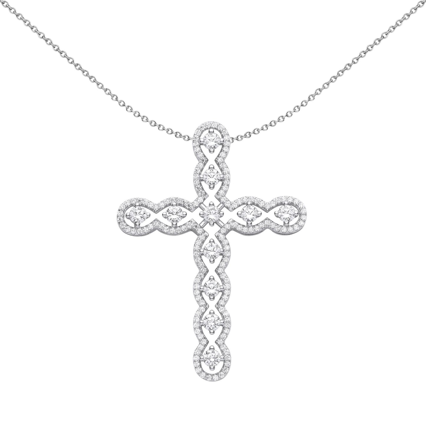 Unisex Silver  CZ Scallop Edge Wavy Cross Pendant Necklace - GVX073
