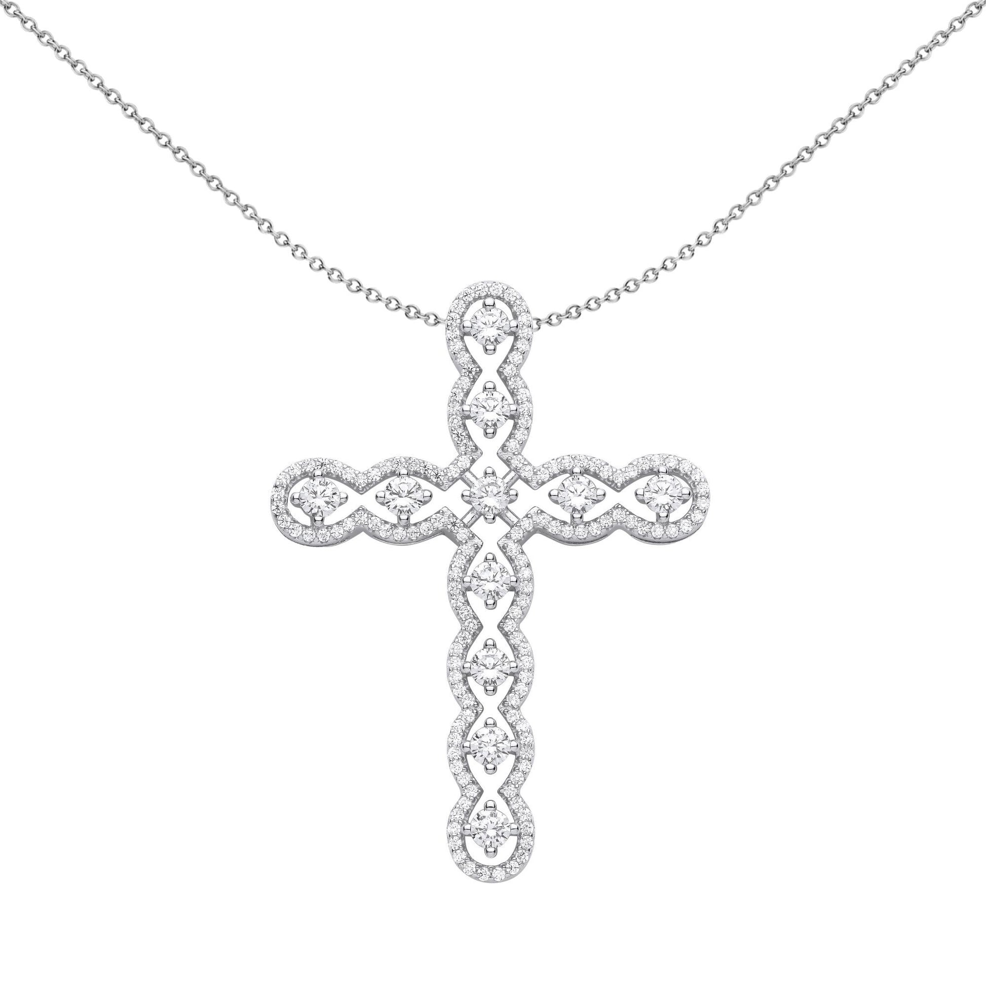 Unisex Silver  CZ Scallop Edge Wavy Cross Pendant Necklace - GVX073