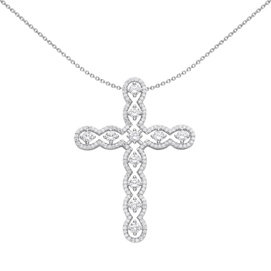 Unisex Silver  CZ Scallop Edge Wavy Cross Pendant Necklace - GVX073
