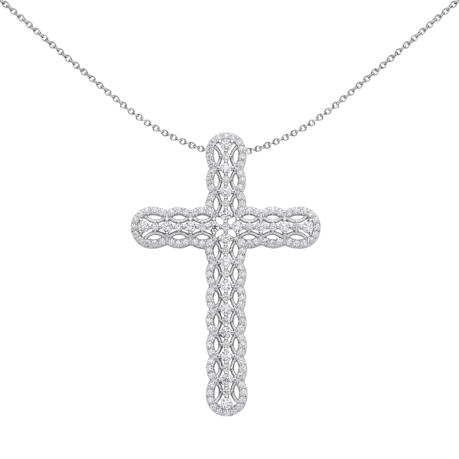 Unisex Silver  CZ Scallop Edge Tennis Cross Pendant Necklace - GVX074