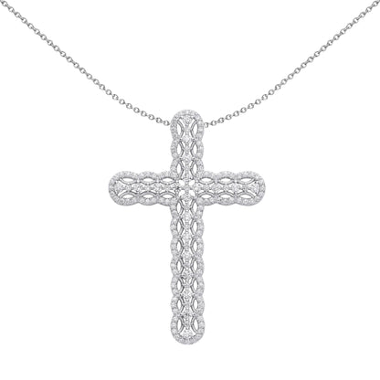 Unisex Silver  CZ Scallop Edge Tennis Cross Pendant Necklace - GVX074