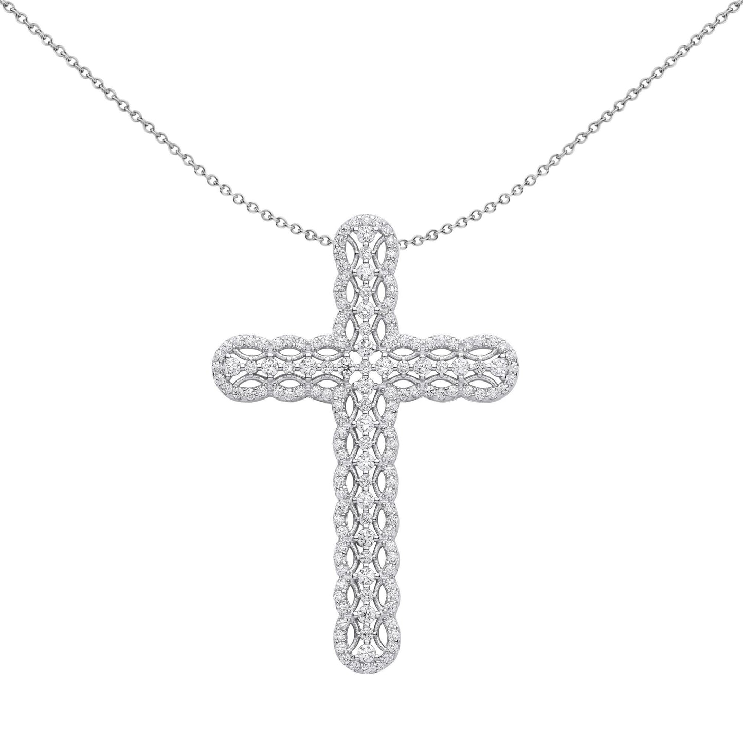 Unisex Silver  CZ Scallop Edge Tennis Cross Pendant Necklace - GVX074