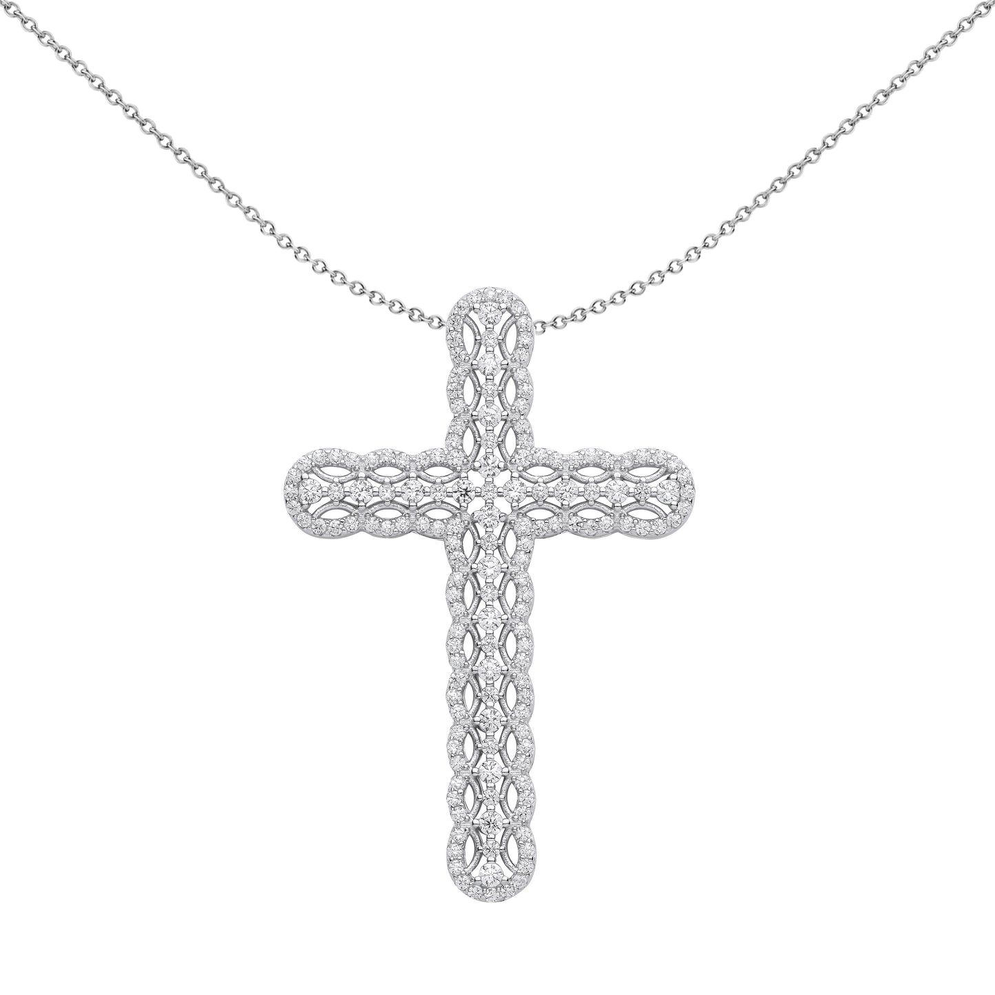 Unisex Silver  CZ Scallop Edge Tennis Cross Pendant Necklace 18" - GVX074