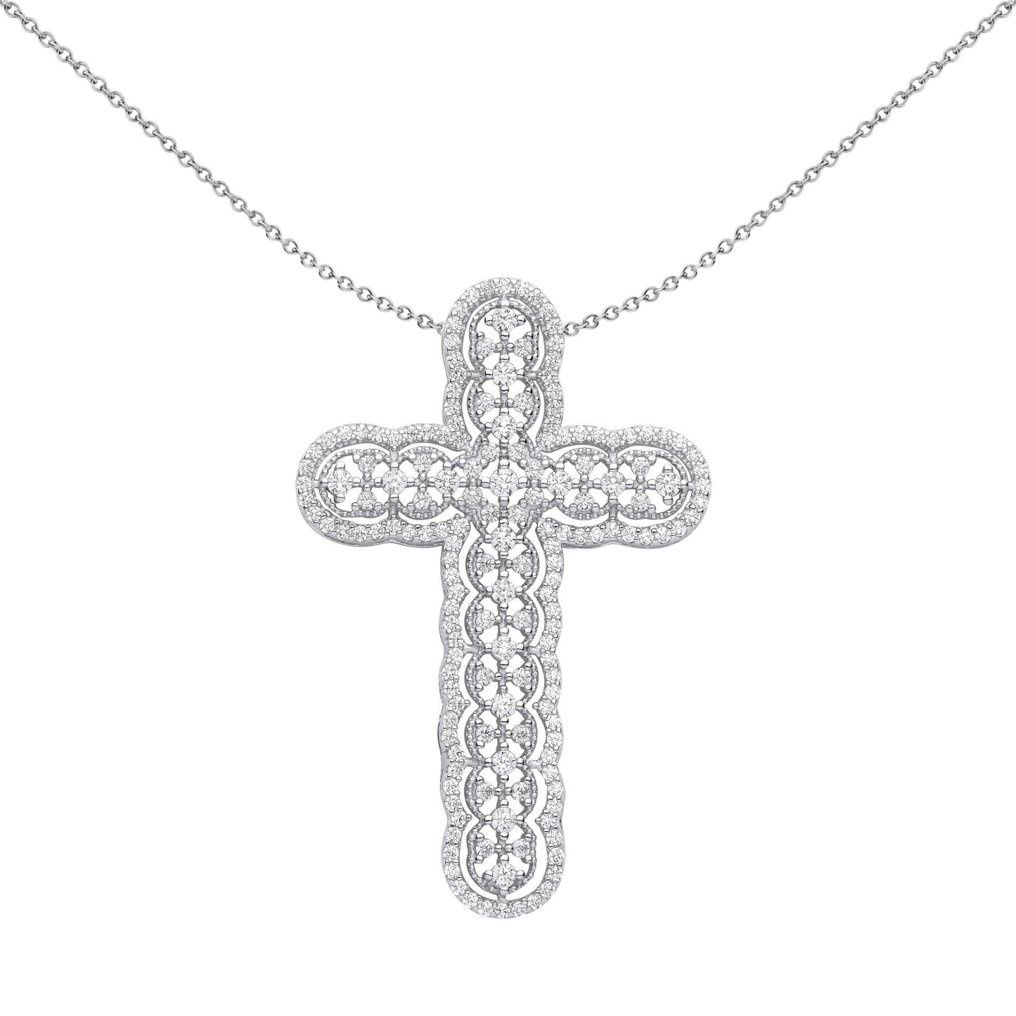 Silver  CZ Scallop Edge Overlapping Circles Cross Necklace - GVX075