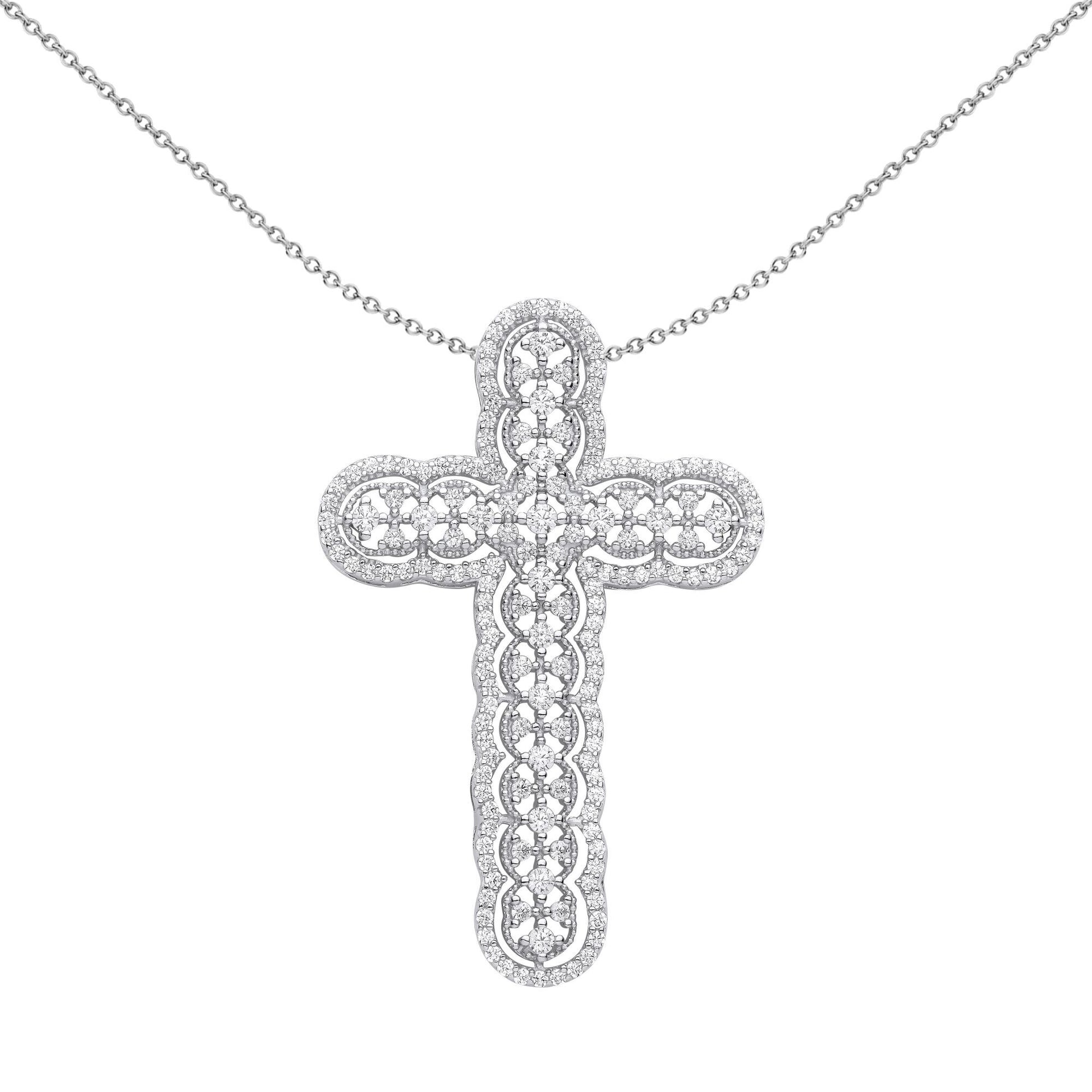 Silver  CZ Scallop Edge Overlapping Circles Cross Necklace - GVX075