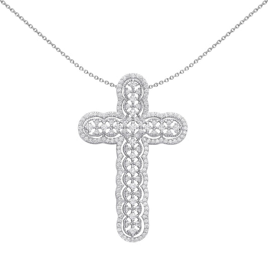 Silver  CZ Scallop Edge Overlapping Circles Cross Necklace - GVX075