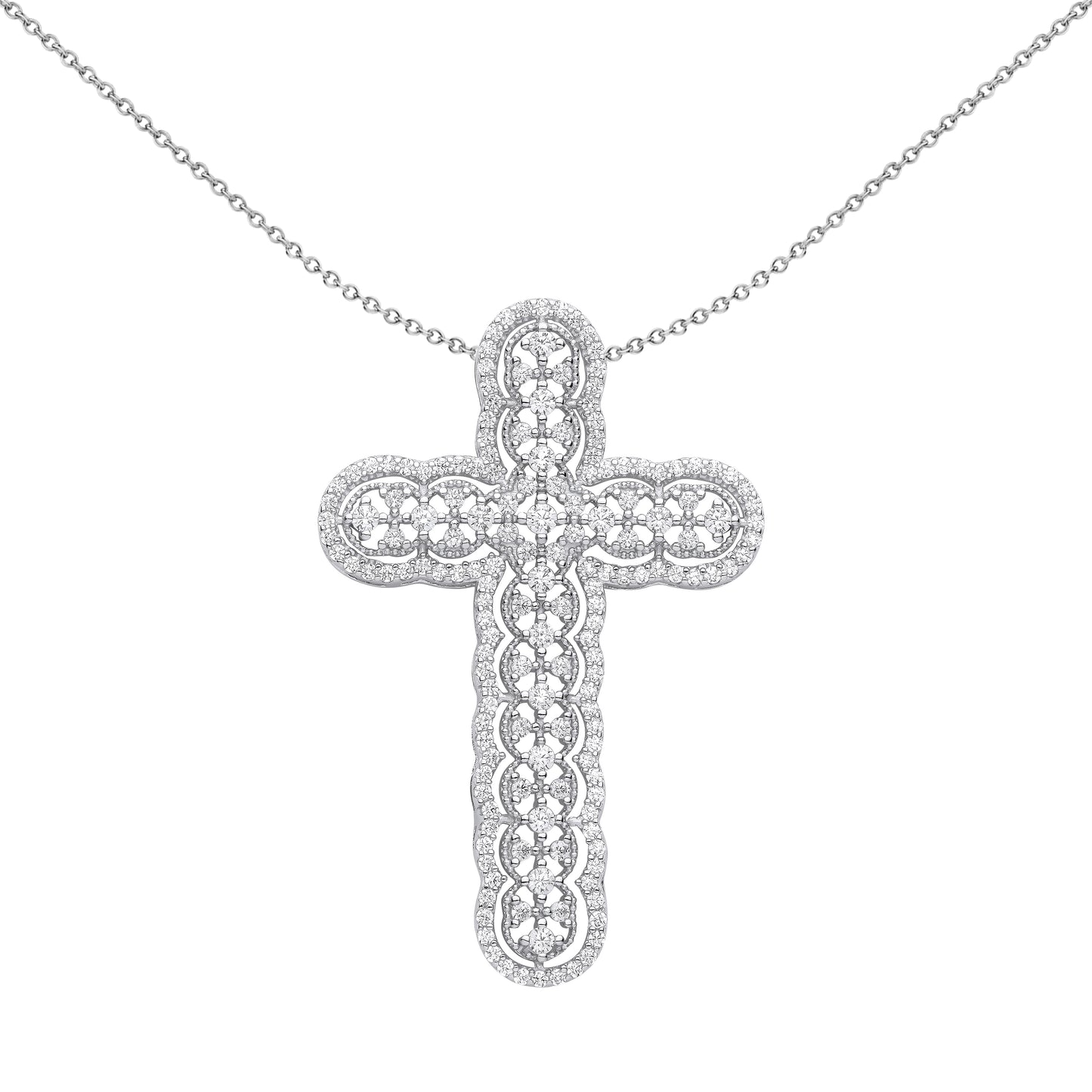 Silver  CZ Scallop Edge Overlapping Circles Cross Necklace 18" - GVX075