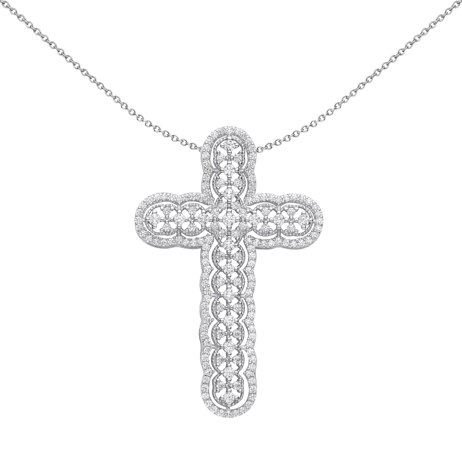 Silver  CZ Scallop Edge Overlapping Circles Cross Necklace 18" - GVX075