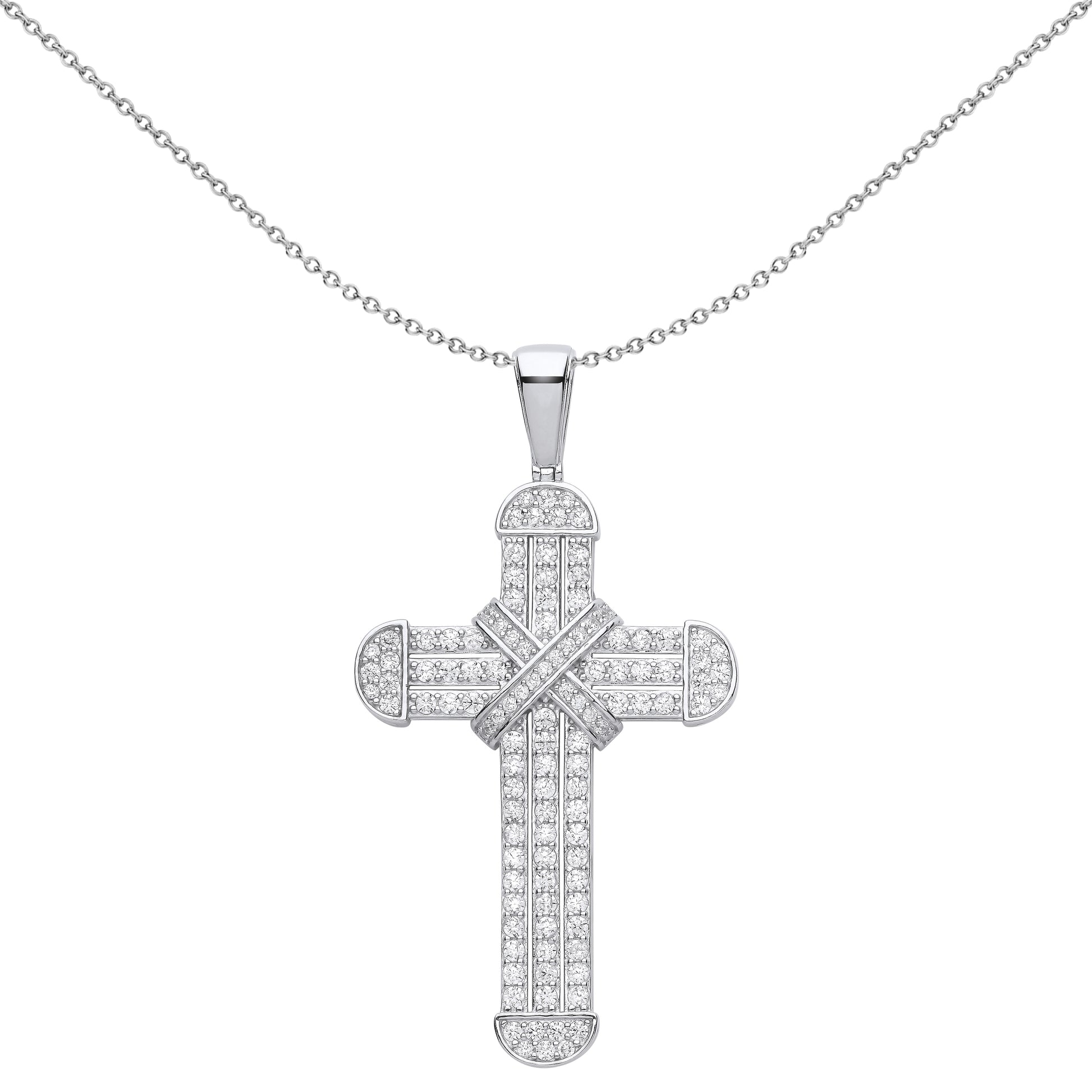 Unisex Silver  CZ Dome Capped Kiss Cross Pendant Necklace 18 inch - GVX077