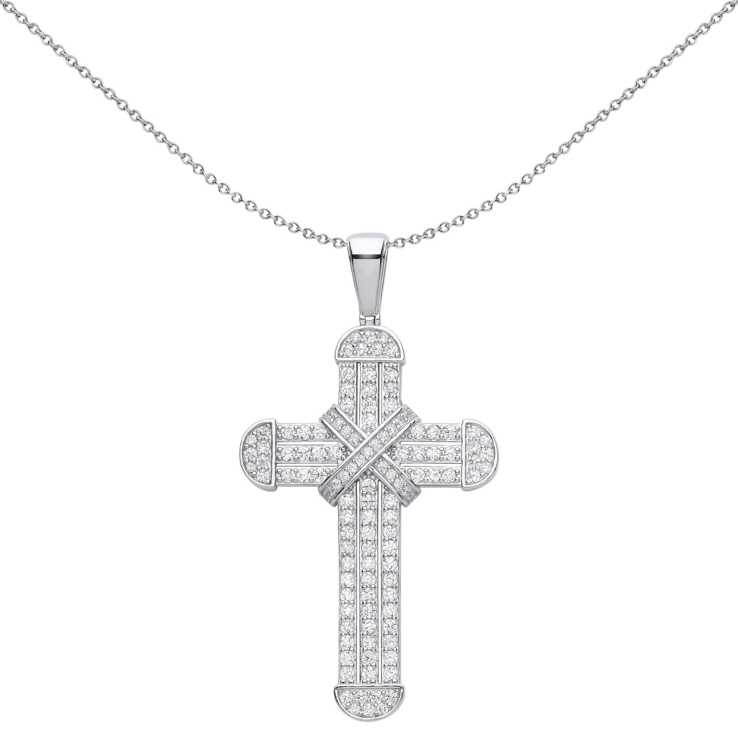 Unisex Silver  CZ Dome Capped Kiss Cross Pendant Necklace - GVX077