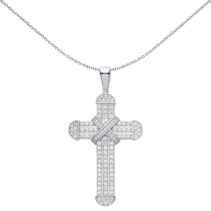 Unisex Silver  CZ Dome Capped Kiss Cross Pendant Necklace - GVX077