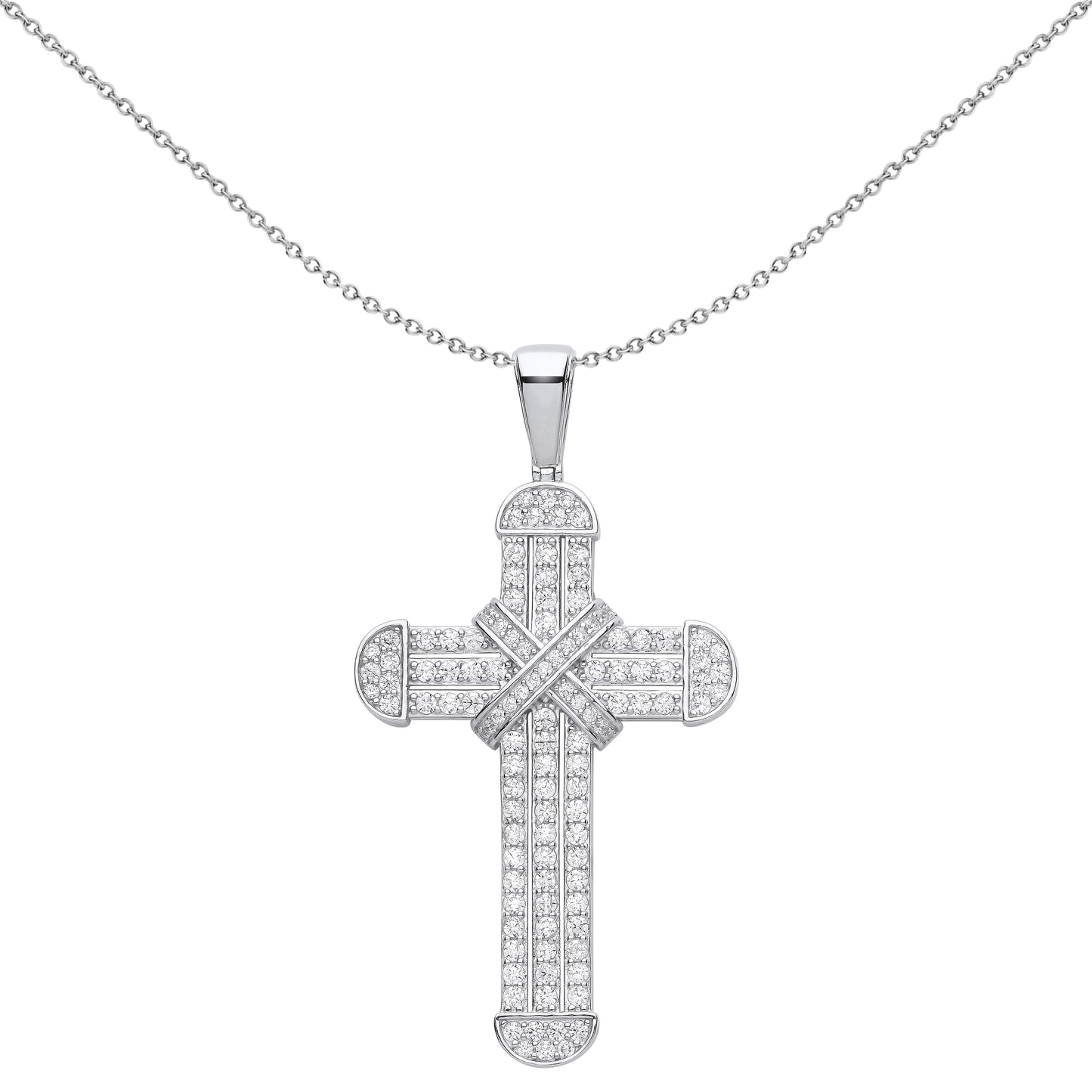 Unisex Silver  CZ Dome Capped Kiss Cross Pendant Necklace 18 inch - GVX077