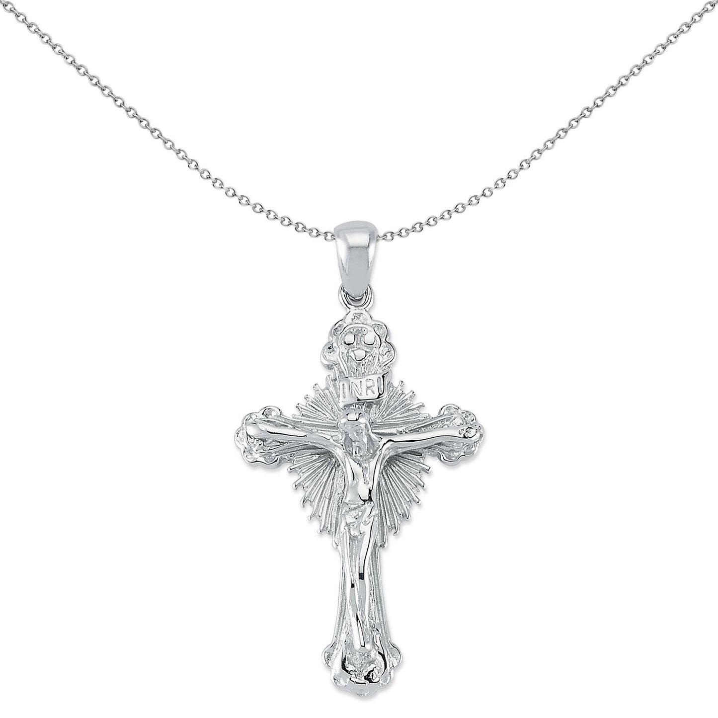 Unisex Silver  INRI Crucifix Radiant Cross Pendant Necklace 18" - GVX078