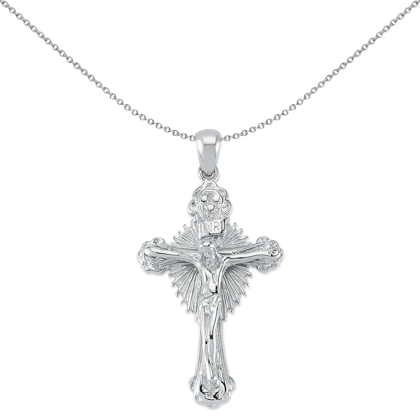 Unisex Silver  INRI Crucifix Radiant Cross Pendant Necklace - GVX078