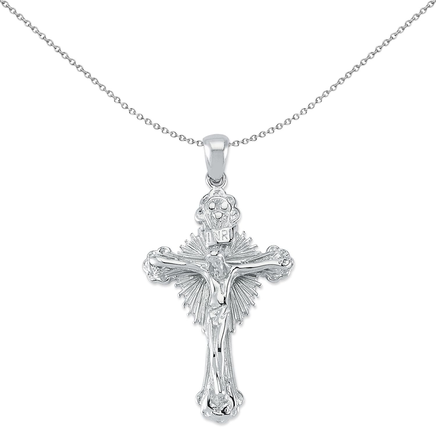 Unisex Silver  INRI Crucifix Radiant Cross Pendant Necklace 18" - GVX078
