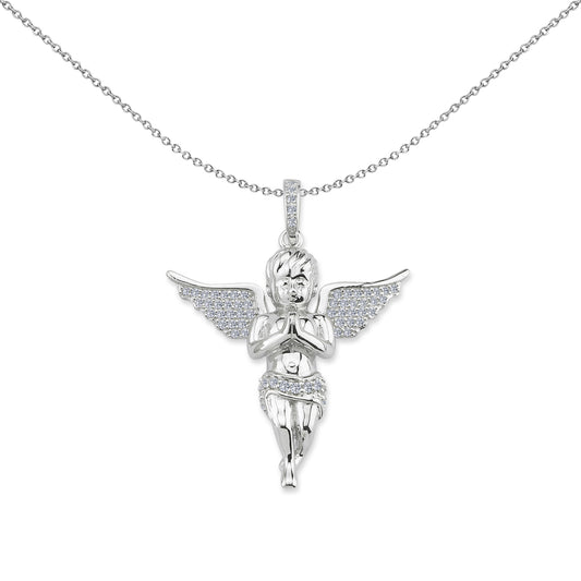 Unisex Silver  CZ Cherub Angel Wings Cross Pendant Necklace 18" - GVX080