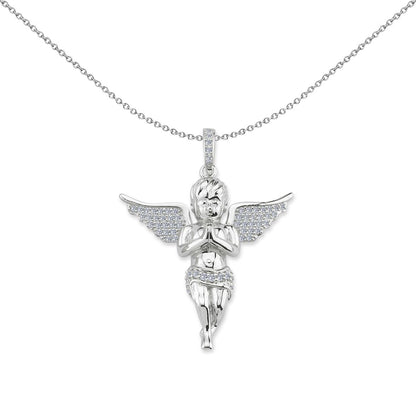Unisex Silver  CZ Cherub Angel Wings Cross Pendant Necklace 18" - GVX080