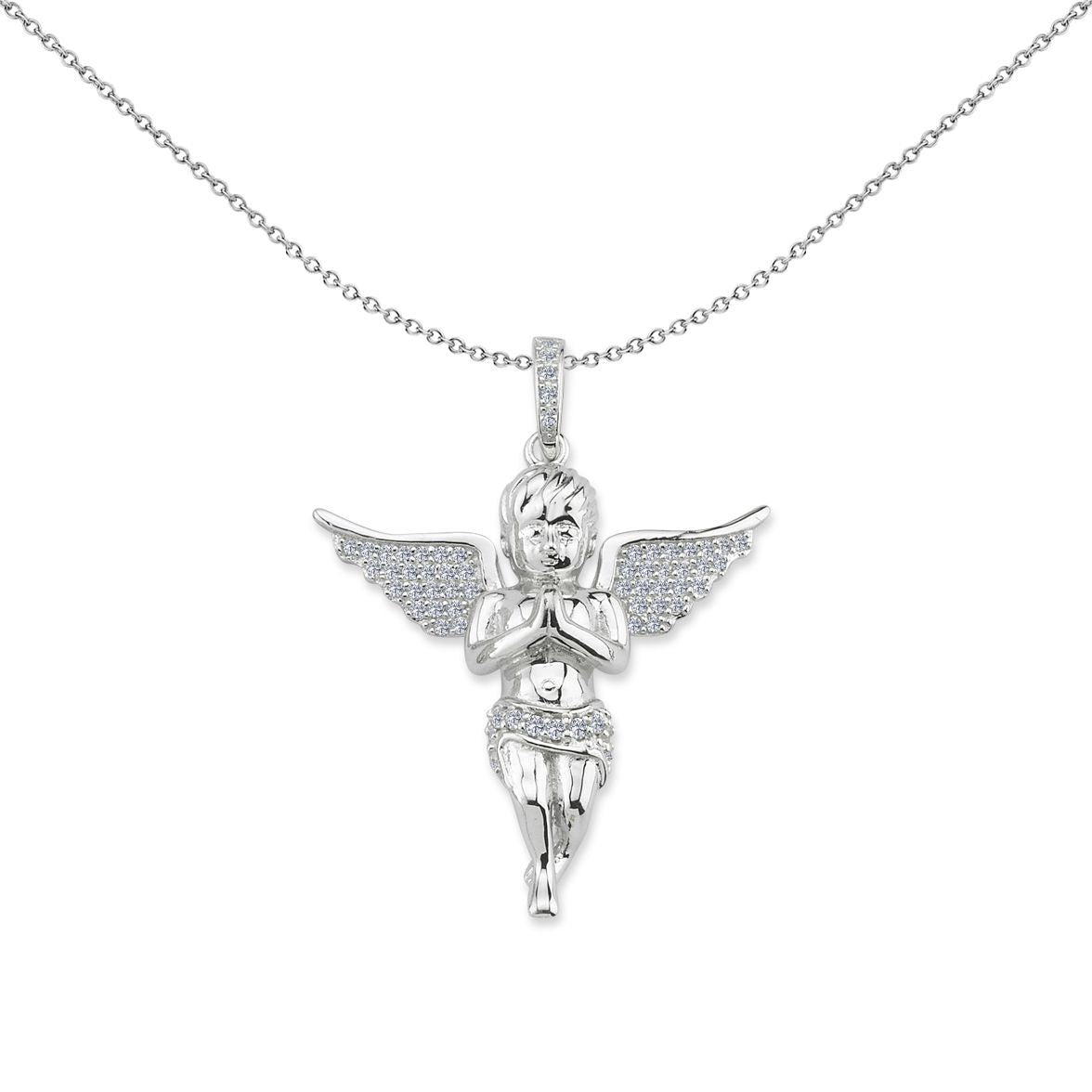Unisex Silver  CZ Cherub Angel Wings Cross Pendant Necklace - GVX080