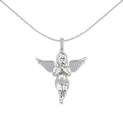 Unisex Silver  CZ Cherub Angel Wings Cross Pendant Necklace - GVX080