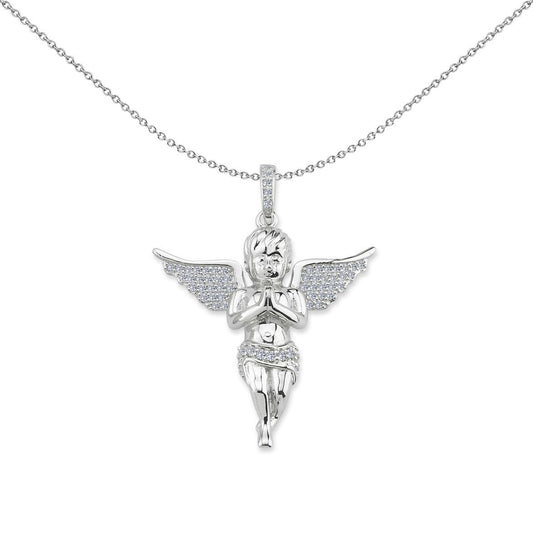 Unisex Silver  CZ Cherub Angel Wings Cross Pendant Necklace - GVX080