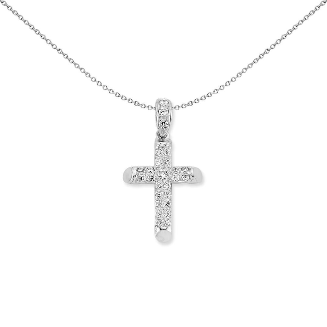 Unisex 925 Silver  CZ Bevelled Cap Cross Pendant Necklace - GVX081