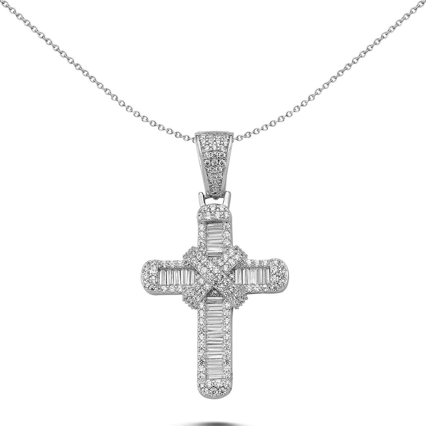 Unisex Silver  CZ Kiss Wrap Shimmering Cross Pendant Necklace 18" - GVX082