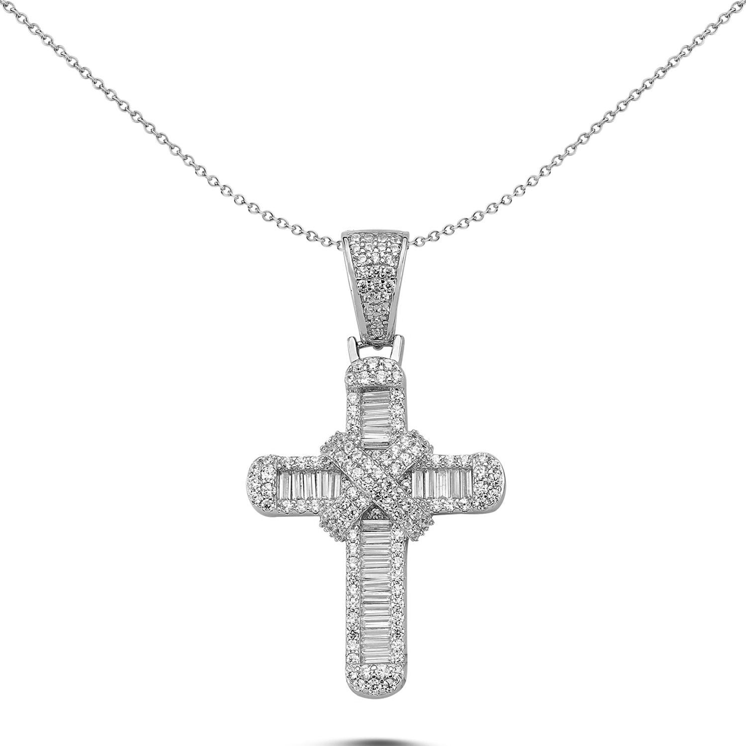 Unisex Silver  CZ Kiss Wrap Shimmering Cross Pendant Necklace 18" - GVX082