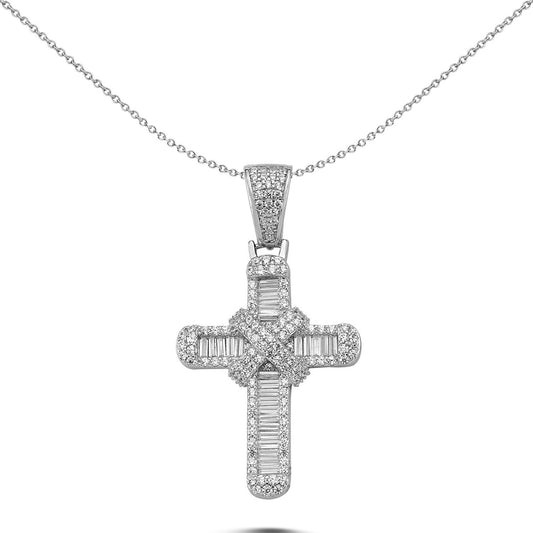 Unisex Silver  CZ Kiss Wrap Shimmering Cross Pendant Necklace - GVX082