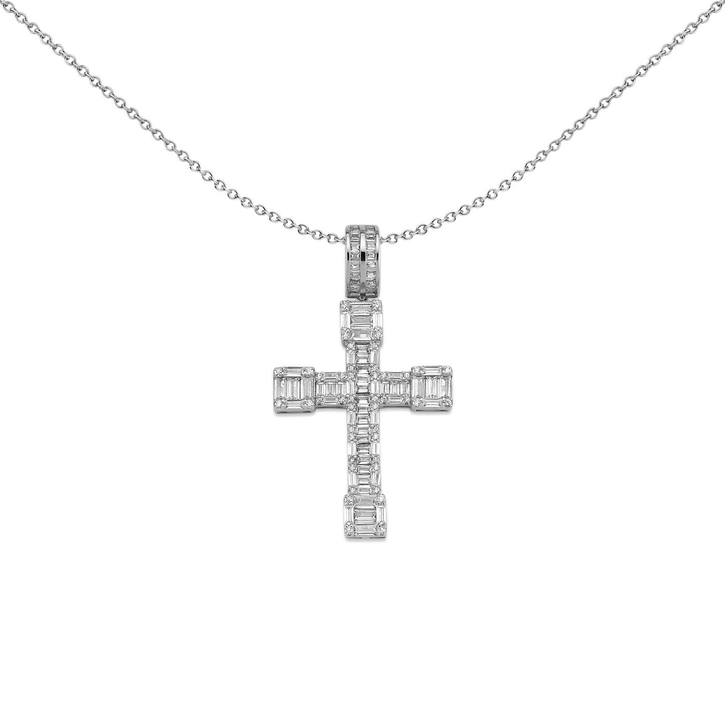 Unisex Silver  CZ Blocky Art Deco Cross Pendant Necklace - GVX084