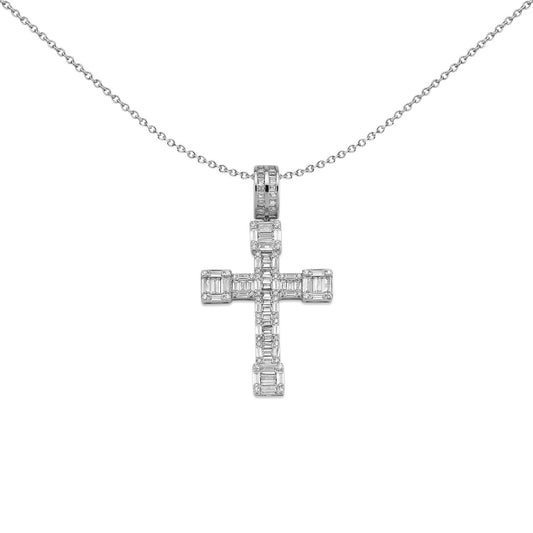 Unisex Silver  CZ Blocky Art Deco Cross Pendant Necklace - GVX084