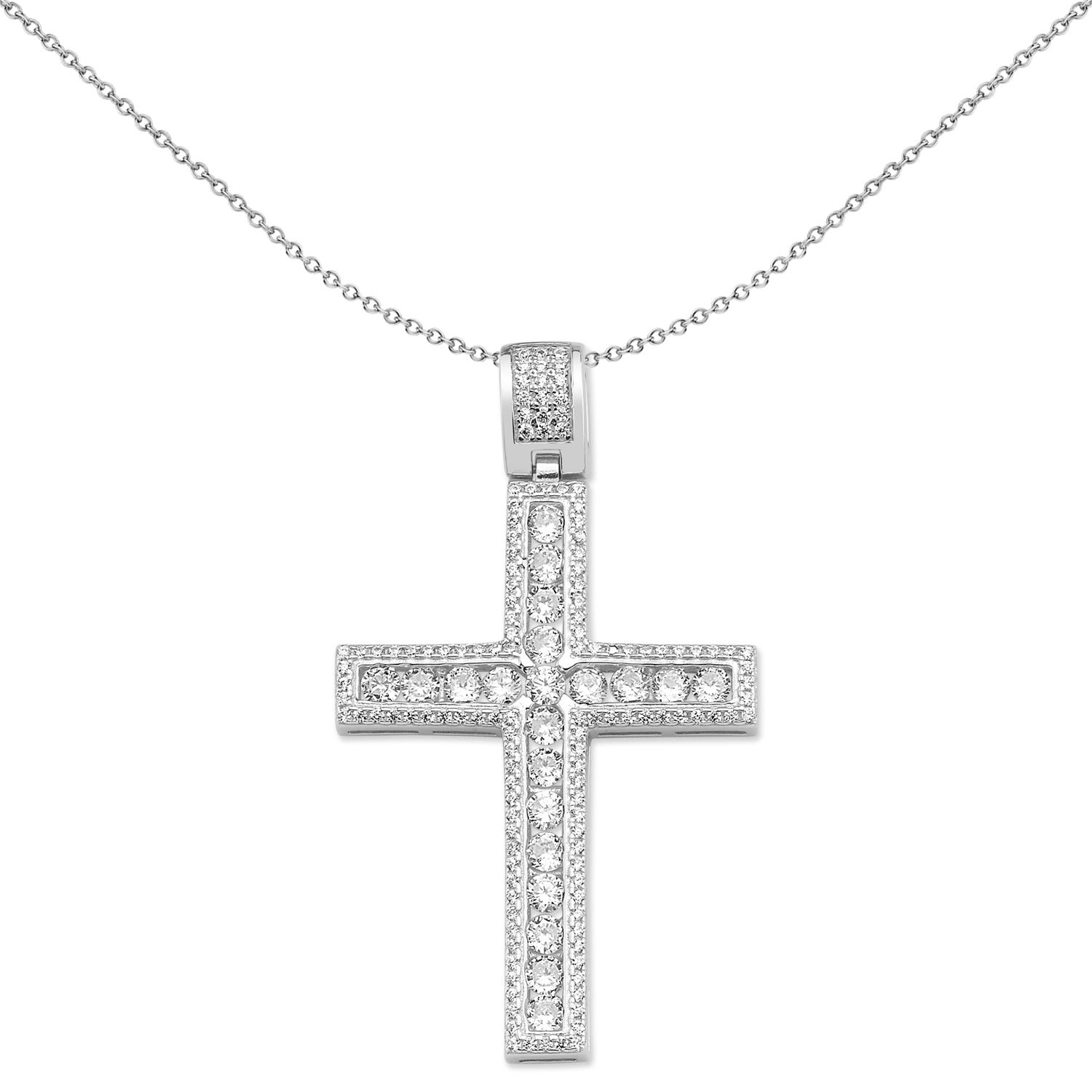 Unisex Silver  CZ Fine Outline Channel Set Cross Necklace 18" - GVX085