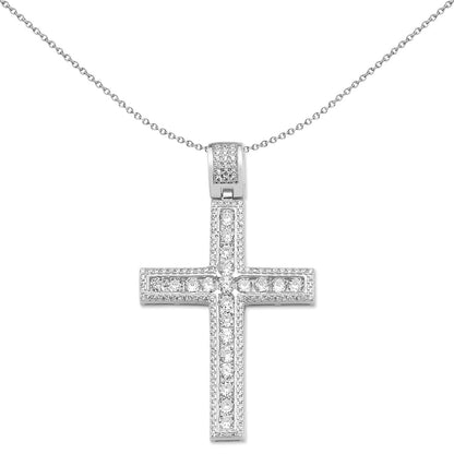 Unisex Silver  CZ Fine Outline Channel Set Cross Necklace - GVX085