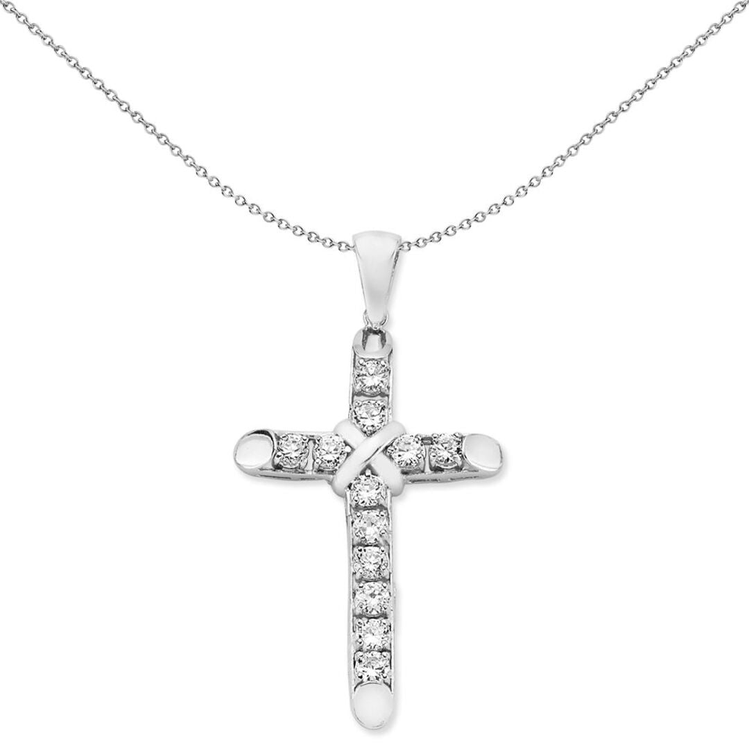 Unisex Silver  CZ Bevelled Cap Kiss Wrap Cross Necklace - GVX086
