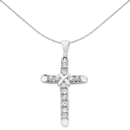 Unisex Silver  CZ Bevelled Cap Kiss Wrap Cross Necklace 18" - GVX086