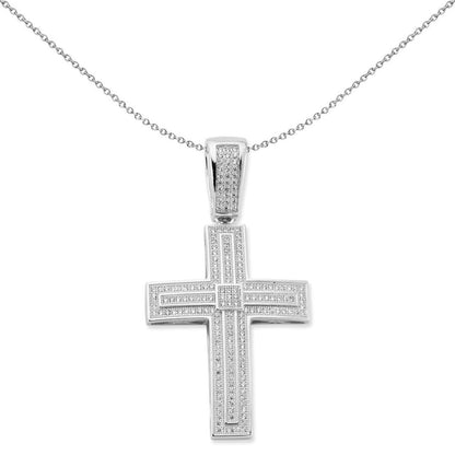 Unisex Silver  CZ Tiered Micro Pave Art Deco Cross Necklace - GVX087