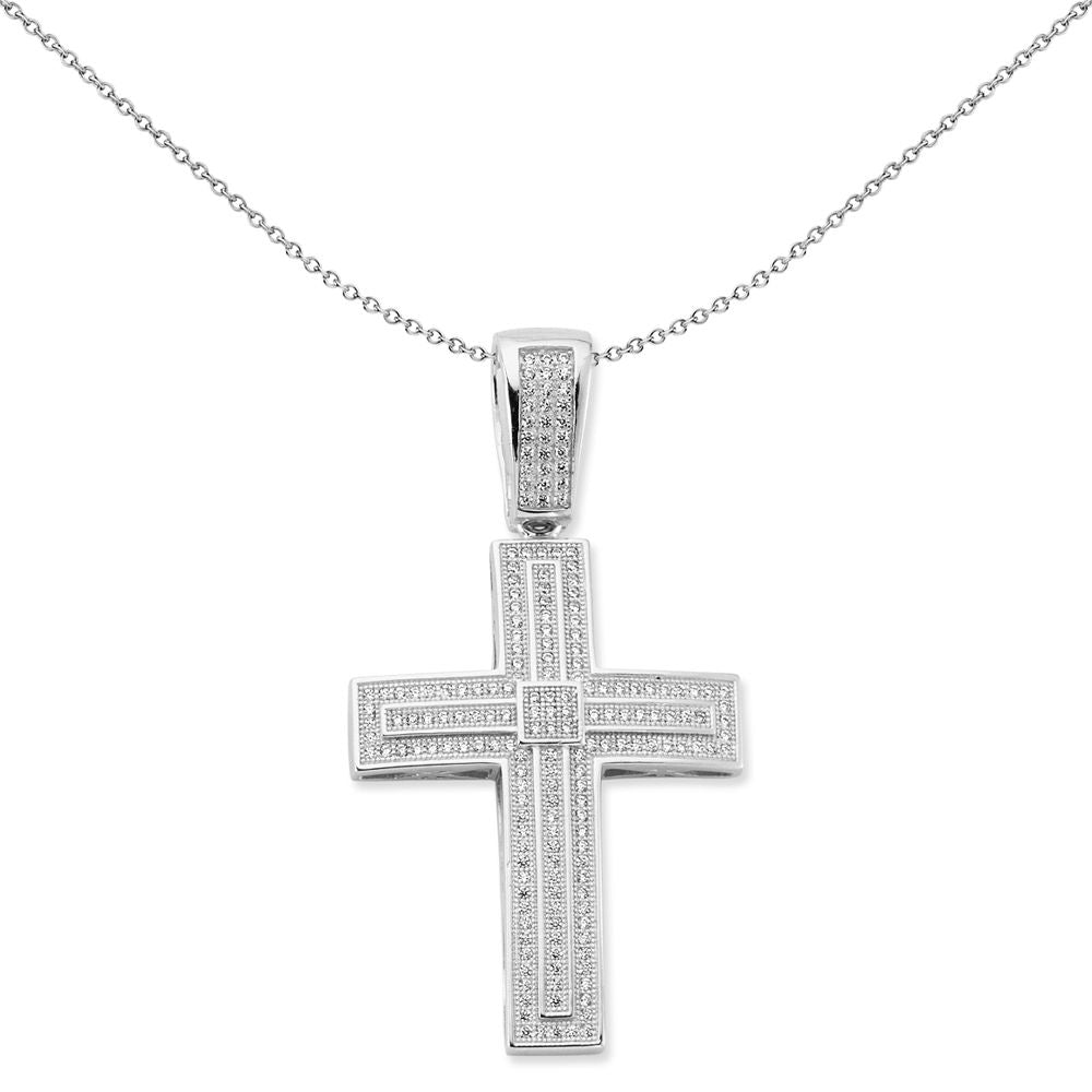 Unisex Silver  CZ Tiered Micro Pave Art Deco Cross Necklace 18" - GVX087