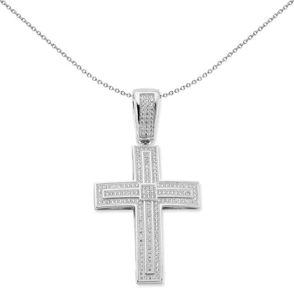 Unisex Silver  CZ Tiered Micro Pave Art Deco Cross Necklace 18" - GVX087