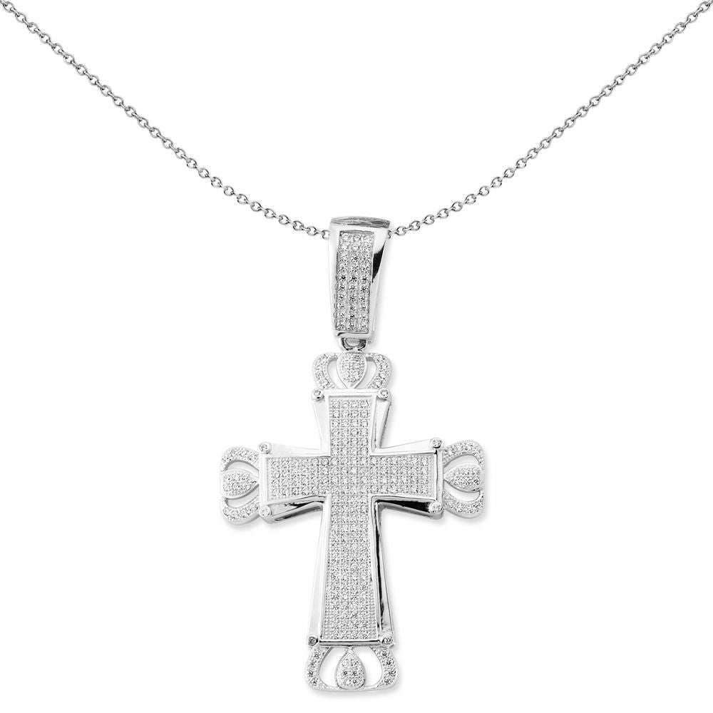 Unisex Silver  CZ Crown Tipped Byzantine Cross Necklace 18" - GVX088