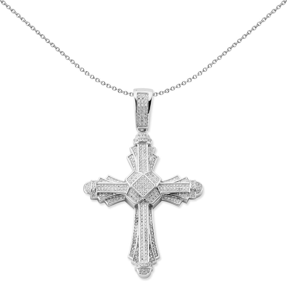 Unisex 925 Silver  CZ 3 Tier Fanned Cross Pendant Necklace 18 inch - GVX089