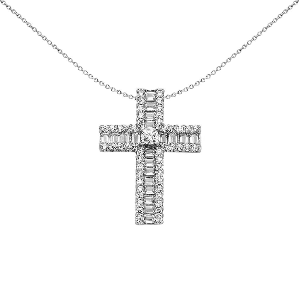 Unisex Silver  CZ Eternity Solitaire Cross Pendant Necklace 18" - GVX090