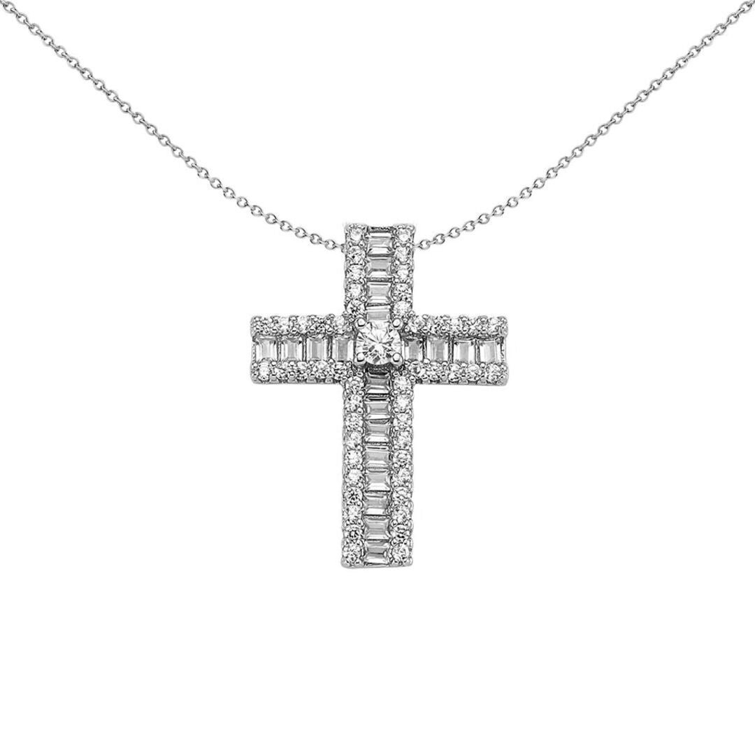 Unisex Silver  CZ Eternity Solitaire Cross Pendant Necklace - GVX090