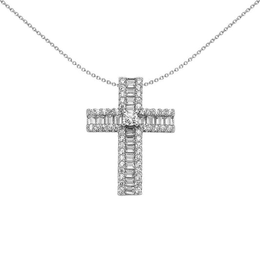 Unisex Silver  CZ Eternity Solitaire Cross Pendant Necklace - GVX090