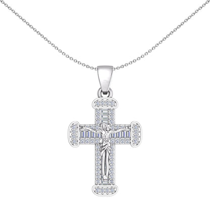 Unisex Silver  CZ Byzantine Shimmering Crucifix Cross Necklace 18" - GVX094