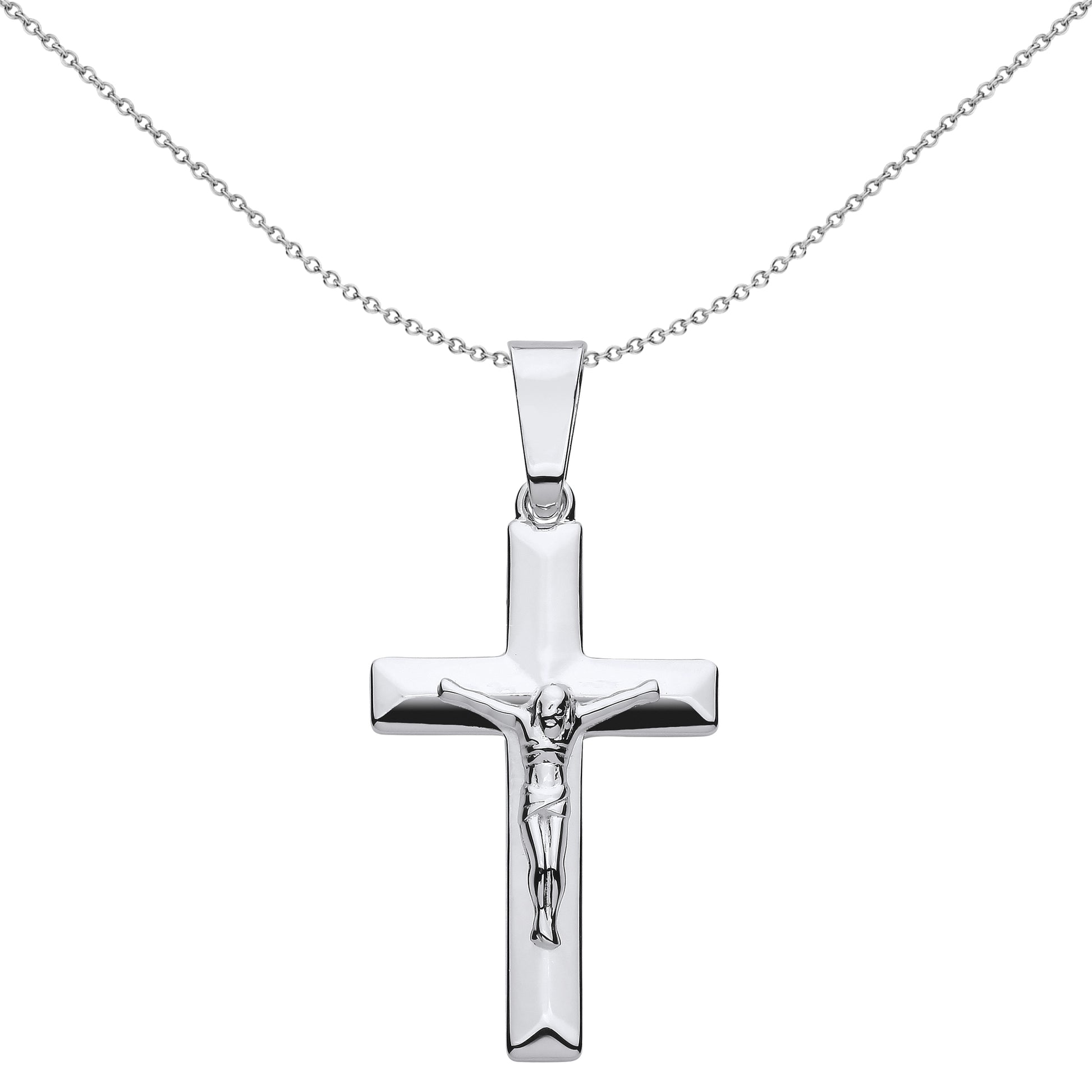 Unisex Silver  Flat Prism Bevelled Crucifix Cross Necklace 18" - GVX097