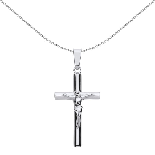 Unisex Silver  Round Tube Crucifix Cross Pendant Necklace - GVX098