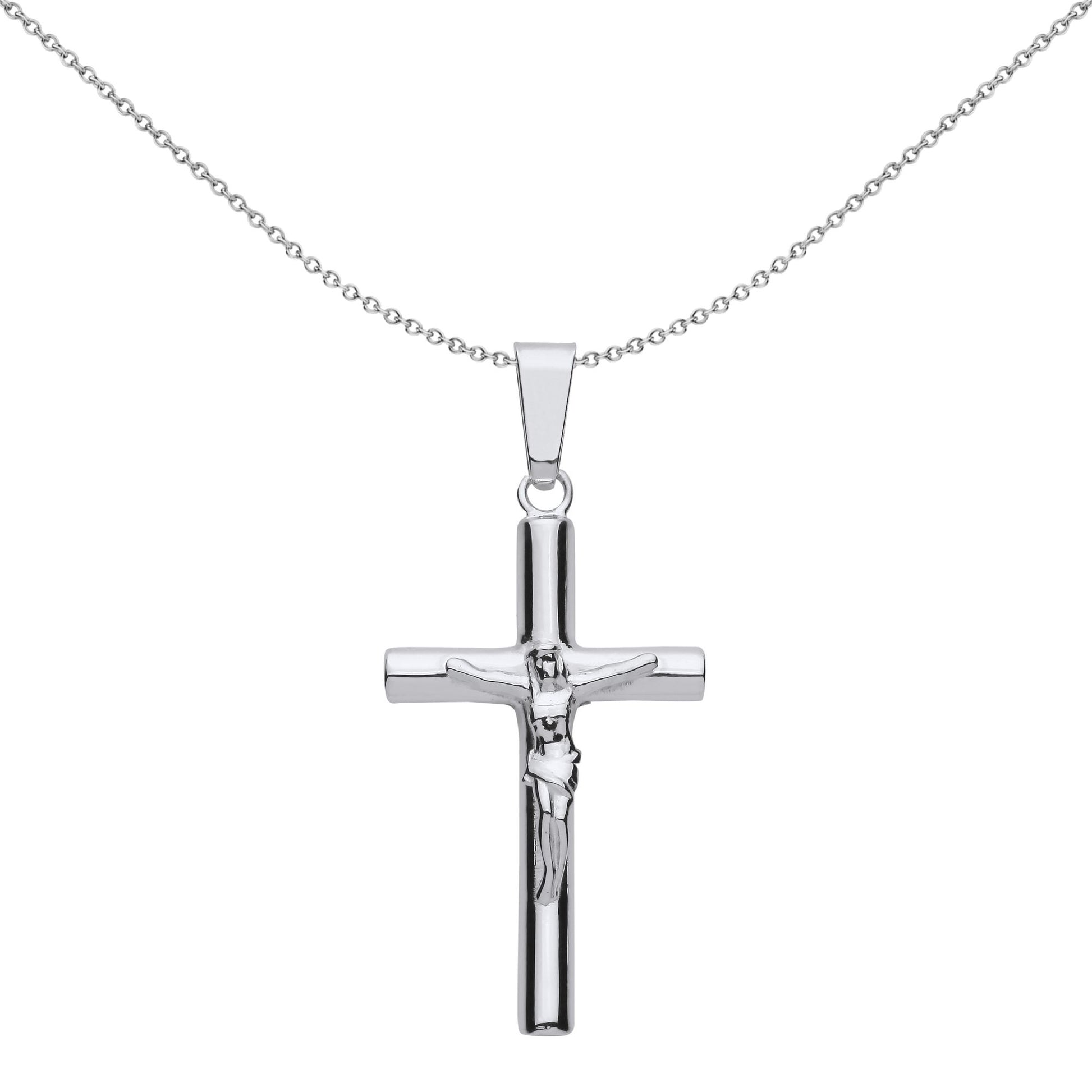 Unisex Silver  Round Tube Crucifix Cross Pendant Necklace 18 inch - GVX098