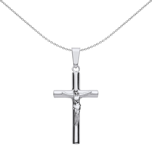 Unisex Silver  Round Tube Crucifix Cross Pendant Necklace 18 inch - GVX098