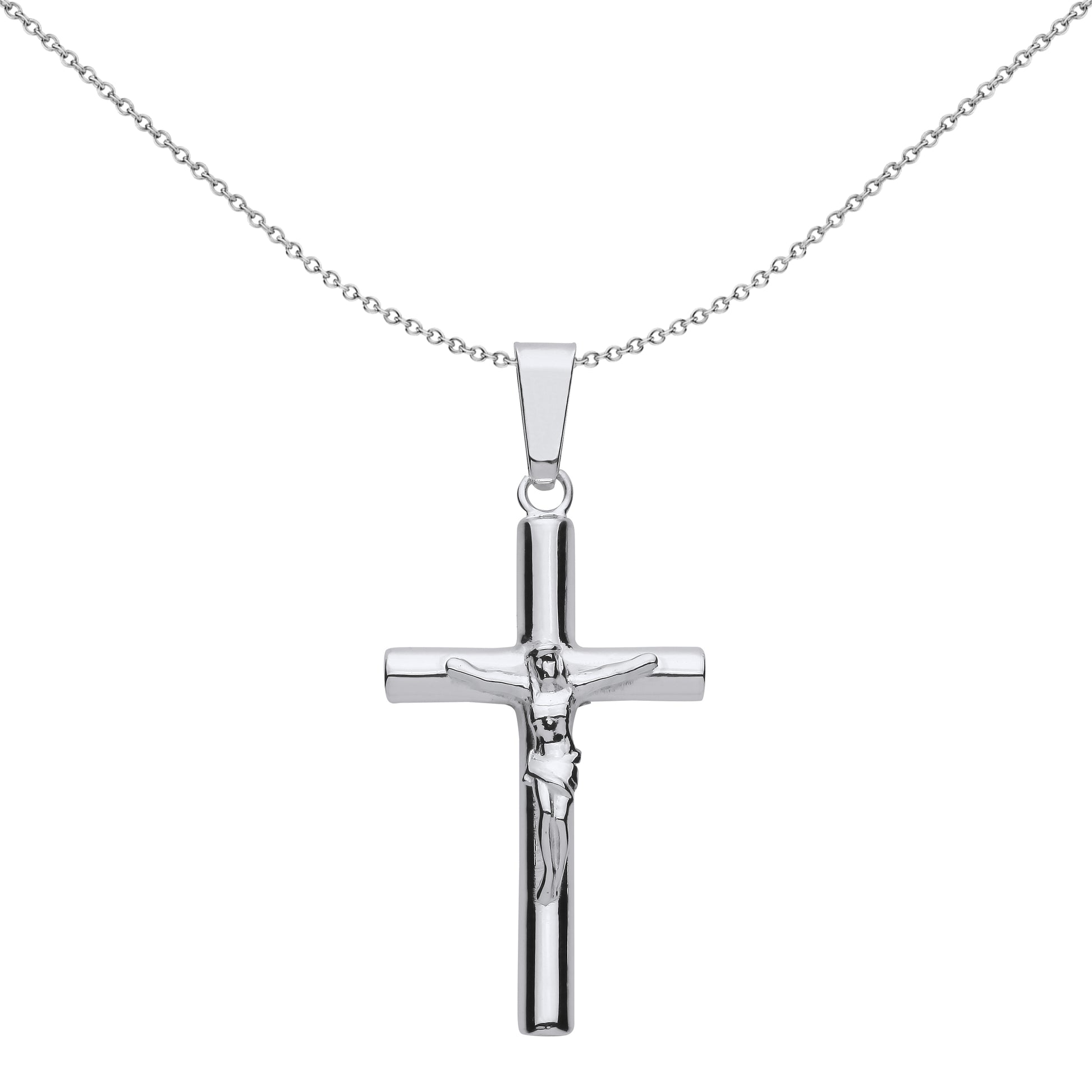 Unisex Silver  Round Tube Crucifix Cross Pendant Necklace 18 inch - GVX098